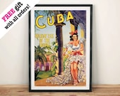 CUBA TRAVEL POSTER: Vintage Advert Reproduction Art Print Wall Hanging, Yellow