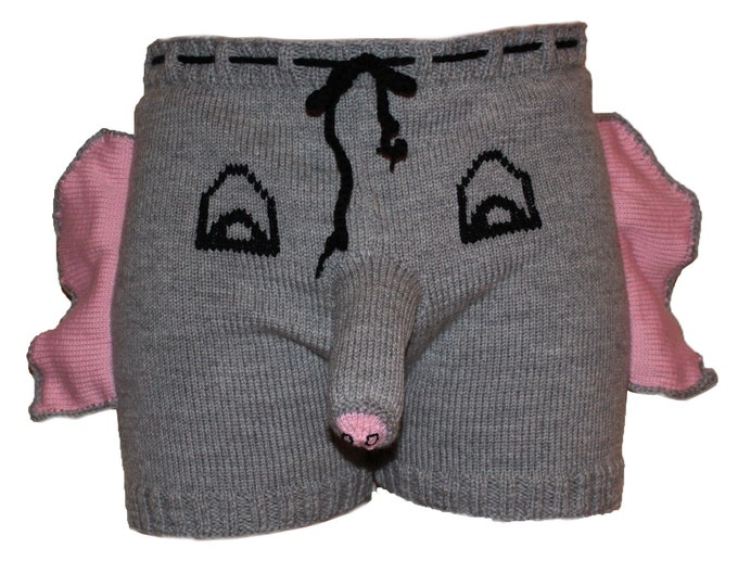 Valentines Man Naughty Elephant boxers, Gag Gift for Him, Knitted Funny Underwear, Party in the Pants
