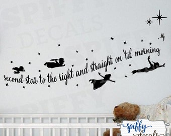 Peter Pan Tinkerbell Wendy John Michael Flying Second Star To The Right Wall Decal Vinyl Sticker Quote Walt Disney Theme Spiffy Decals