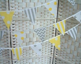 Mini bunting, banner. Yellow & grey/ gray. Sold by the metre (39") length. Chevrons, stars, stripes. Modern, nursery, playroom.