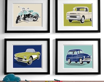 vintage transportation wall art prints - set of 4 childrens art prints - retro rides nursery art prints for boys