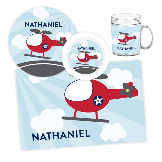 Helicopter Plate, Bowl, Mug or Placemat - Helicopter Melamine Dinnerware Set - Personalized Plate for Kids - Children Plates Il_570xn