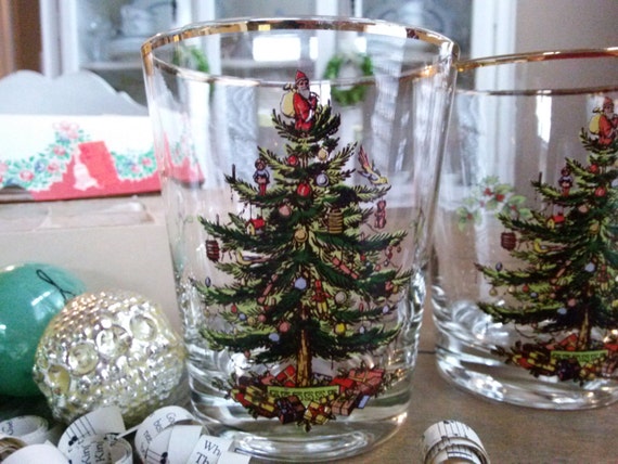 Set of Four Spode Christmas Tree Drinking Glasses with Gold