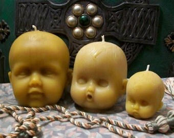 Set of 2 Small Baby Head Beeswax Candles Choice Of Color Creepy Baby