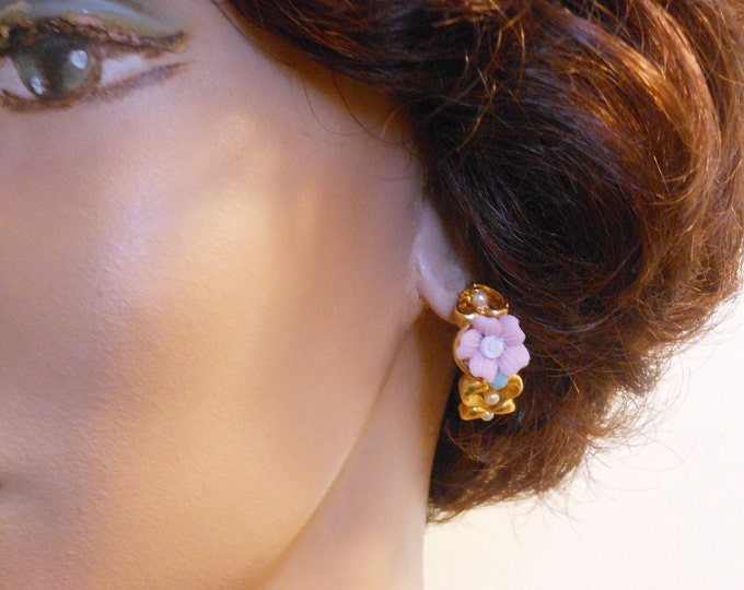 Avon floral earrings, pink ceramic rose with seed pearls inside hearts, half hoop pierced earrings, gold tone