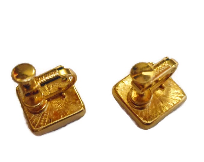 Napier tortoise earrings, 1980s black and gold enamel frame set faux tortoise shell square cabochon screw back earrings
