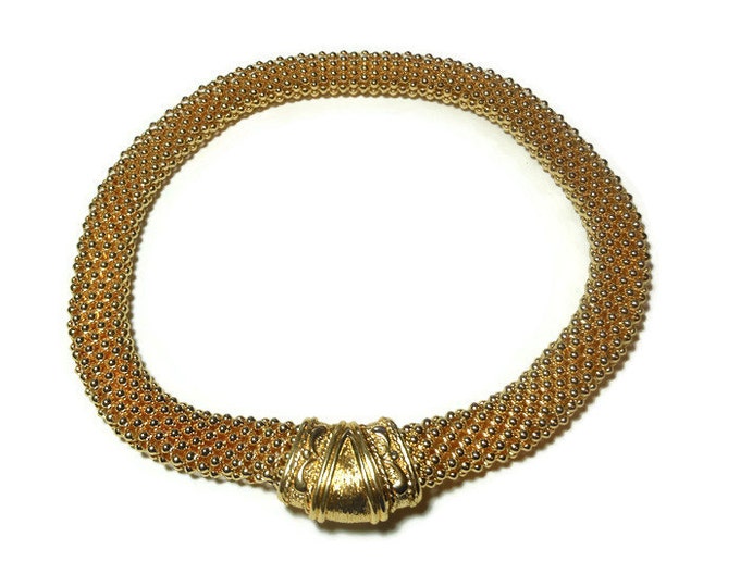 FREE SHIPPING Gold mesh chain choker, 1980s decorative Egyptian revival motif front magnetic clasp, tubular mesh, 17" choker