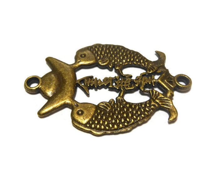 Double fish focal connector, antiqued brass-finished, 37x31mm, double fish and ingot design, Chinese characters for "Treasures fill the home