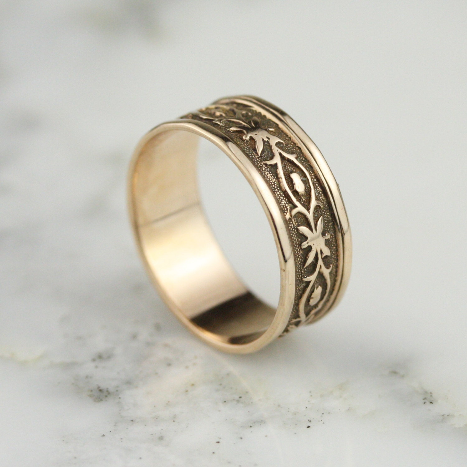 Victorian Wide 14k Rose Gold Patterned Cigar Wedding Band Ring