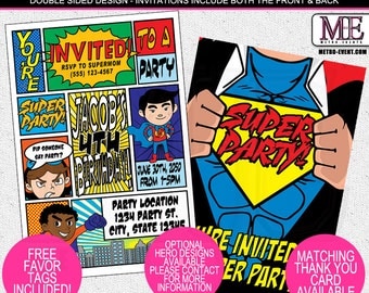 Super Hero Birthday Invitations, Super Hero Invitations, Superhero Invitation, Hero Invitation, Super Hero Party, Comic Invitation, Invite