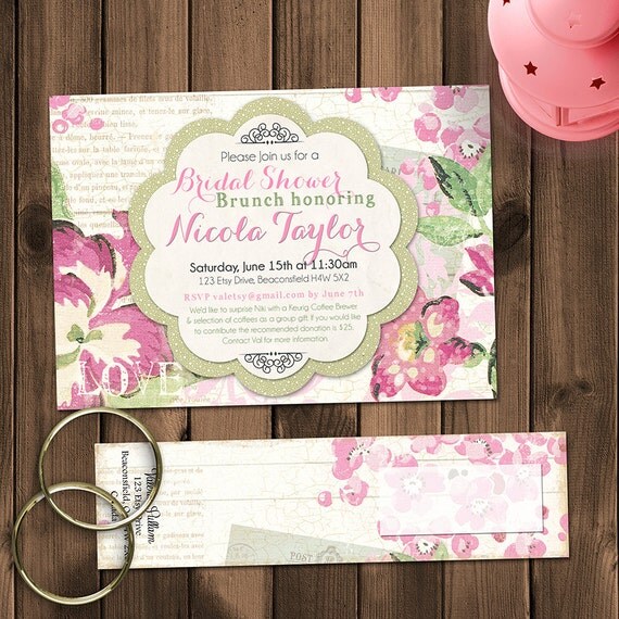 Bridal Shower Invitation with Wrap Around Address Labels - Shabby chic, Paris, vintage inspired, pinks and green floral - Custom Il_570xn