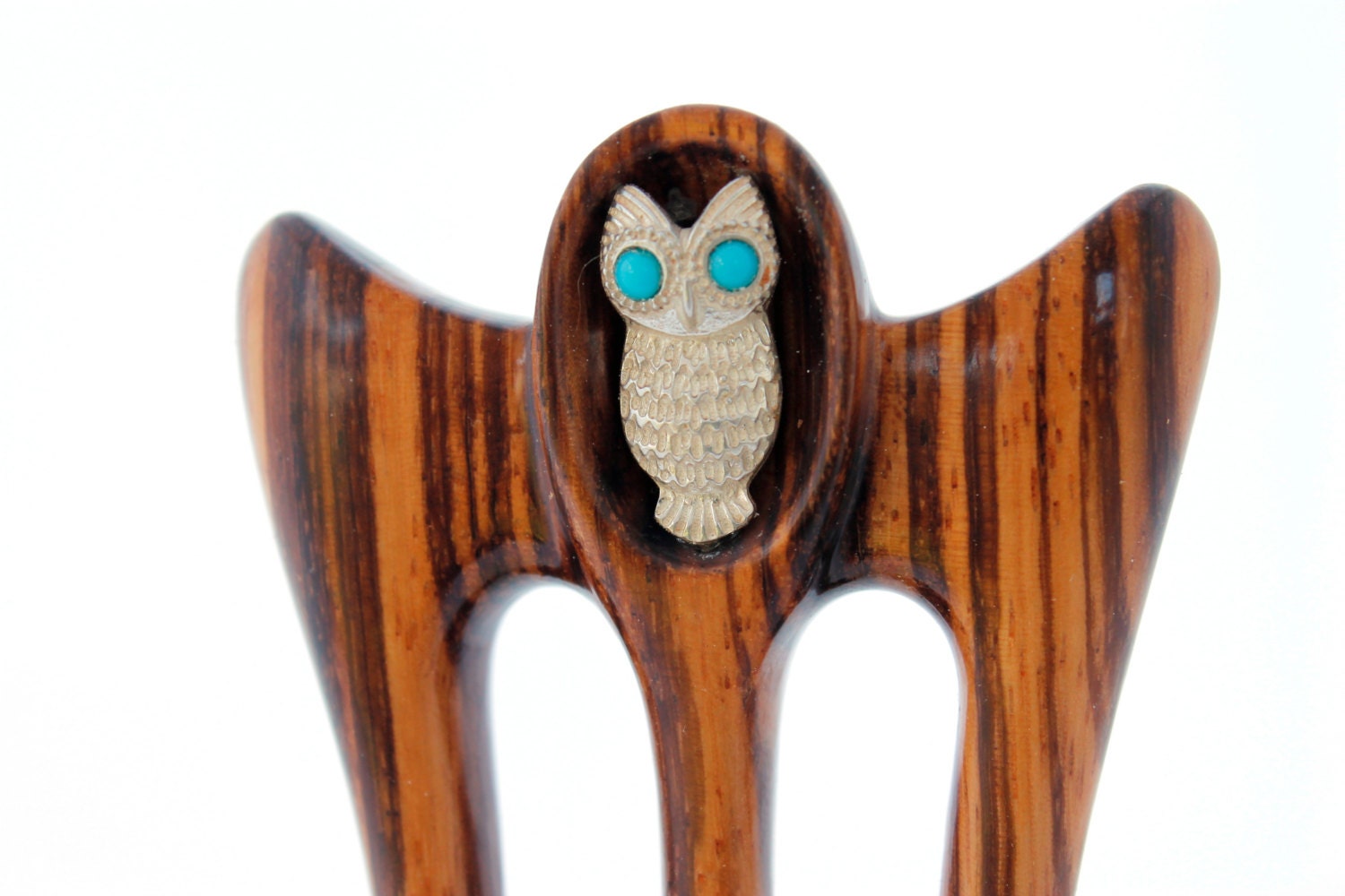 Houten haar vork 'happy owl' 3 pinnen haar door woodartjewelry