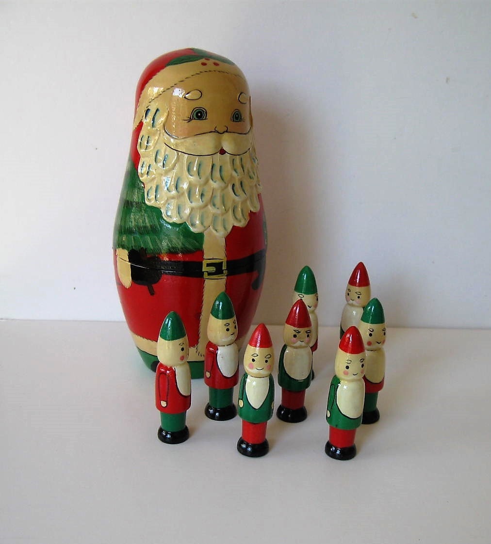 SALE Vintage Santa Nesting Dolls 9 wood Santas Toys Retro