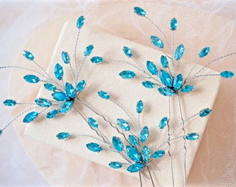 Blue Rhinestone Hair Pins,Blue Bridal Hair Pins,Blue Wedding Hair Pins,Blue Crystal Hair Pins,Blue Hair Accessories,Blue Hair Pins