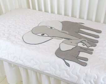 Gray Baby Blanket, Elephant Crib Bedding,Modern Baby Boy Quilt