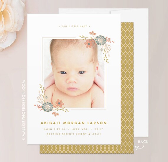 Floral Photo Birth Announcement Card 5x7 Card