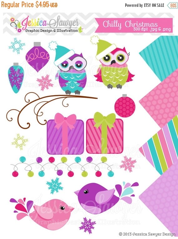 80% OFF - INSTANT DOWNLOAD, christmas owl clipart, winter owls clip art, digital papers, for digital scrapbooking, greeting cards, announcem Il_570xn