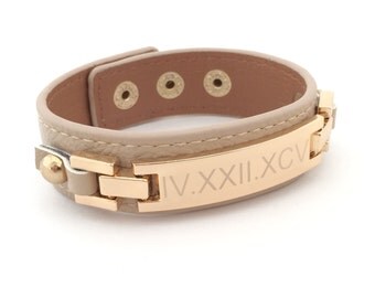 Personalized Leather Cuff Bracelet with Gold or Silver Monogram Roman Numeral Jewelry Coordinate Bracelet Fashion Leather Bracelet Custom