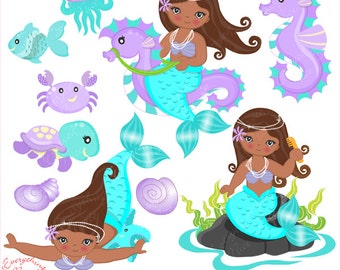 African-american Little Mermaids Mermaid in Aqua & Purple Clipart Set