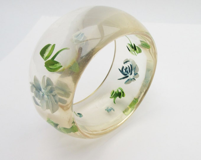 Clear Lucite Bangle with embedded carved blue green flower Bracelet