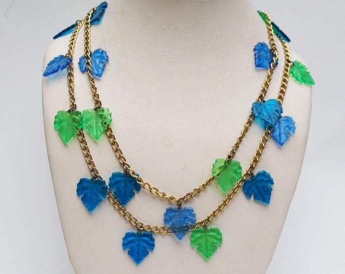 Blue Green Leaf Necklace Lucite grape leaf on gold tone chain