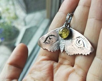Moth Silhouette Pendant ~ Sterling Silver, Copper and Green Amber ~ Necklace ~ Grungy Dark Steampunk -