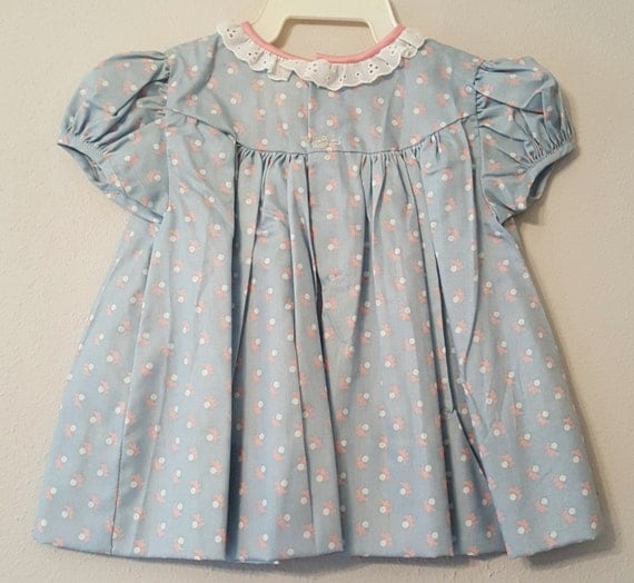 Vintage Girls Country Blue Floral Dress with Pink Bow by C.I.