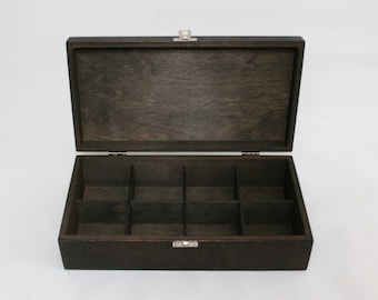 Wooden Tea Box / Jewelry Box / 8 Compartments Box / Wooden Keepsake Box / Dark Brown Box / Personalized Box Option / Collection Box