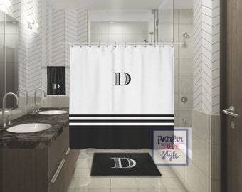 Monogrammed Black and White Shower Curtain - Black & White Guest Bath - Shower Curtain Design -