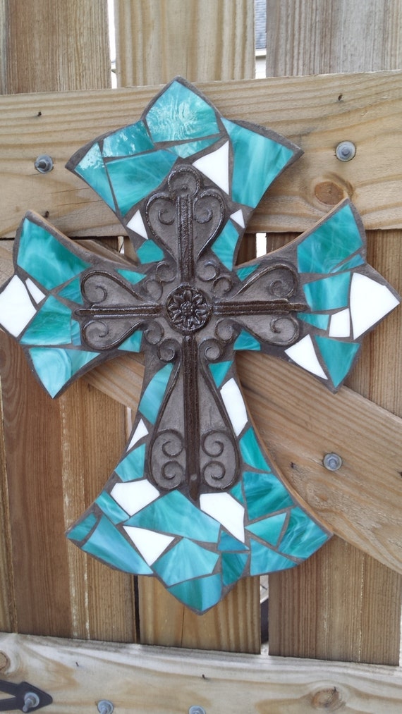 Teal Mosaic Cross Mosaic Stained Glass Cross Wall Hanging