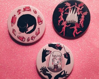 Hex Education Badge Set - Badges - Witch - Spells - Crystals - Black Cat - Pastel - Cute - Illustration - 38mm