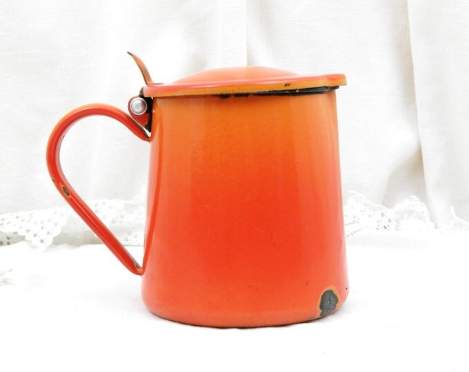 Vintage French Chippy Bright Orange Enamel Pitcher, French Country Decor Enamelware Milk Jug, Retro Kitchenware from France