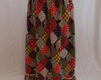Vintage 60s Patchwork Print Hippie Maxi Skirt 24" Waist XS S