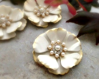 Gold and Ivory Enamel Flower Brooch Cream Gold Metal Flower Ivory Flower Pin Ivory Brooch Gold Enamel Broach Rhinestone Flower Pearl FB9