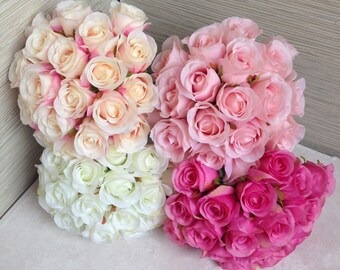 Silk Rose Bouquet For Bridesmaids Artificial Flower Bouquets Rose Buds Bouquet White, Champagne, Hot Pink Bouquet
