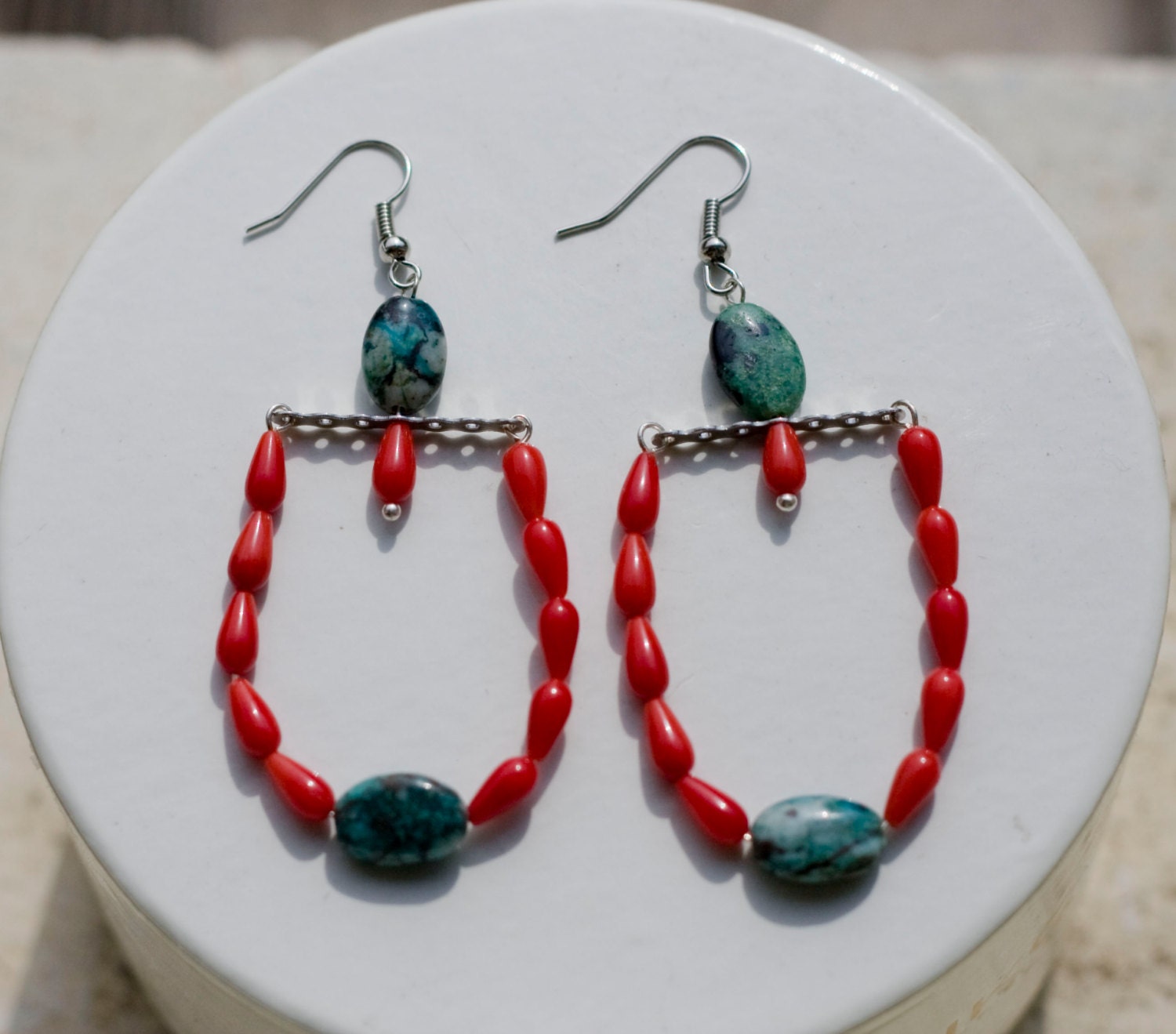 Chandelier Earrings With Red Coral Drops And Turquoise
