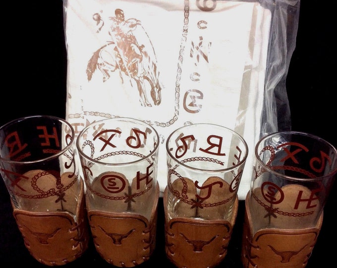 WESTWARD HO Style Glasses Leather Drink Holders, Set of 4 Vintage Western Barware Glasses, Matching Western Paper Napkins