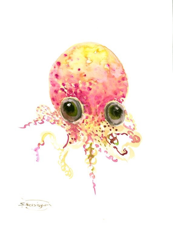Cute Baby Octopus art original watercolor painting 12 X 9 in