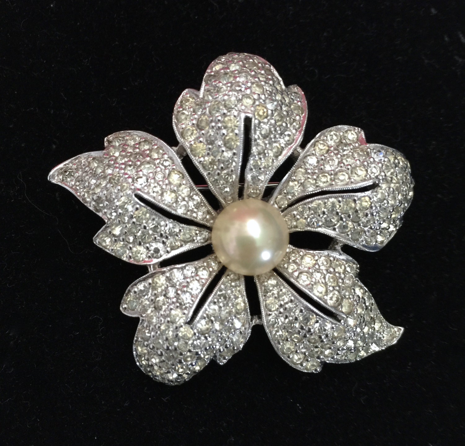 Jomaz Flower Brooch Pave Ice Crystals Faux Pearl Center
