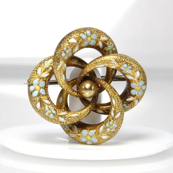 Vintage 14k Gold Love Knot Brooch With Enamel Flowers And