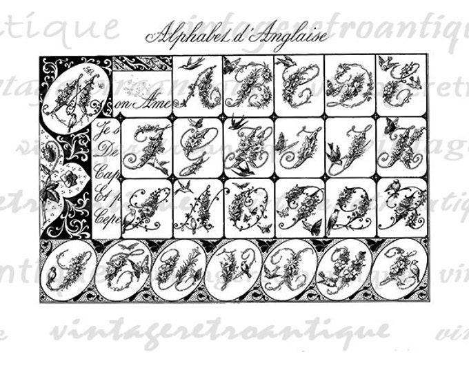 Digital Alphabet Floral Fancy Letters with Birds Graphic Image Collage Sheet Printable Download Antique Clip Art HQ 300dpi No.197