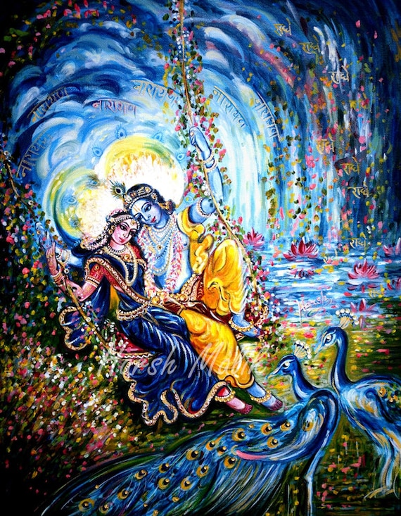 Items similar to Contemporary, Radha Krishna ORIGINAL Painting, JHULAN ...