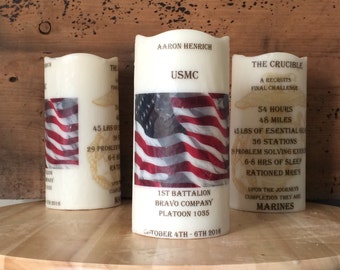 CRUCIBLE CANDLE with flag- United States Marine Corps (USMC) yellow foot prints, ega, parris island San Deigo crucible unitedbycandlelight