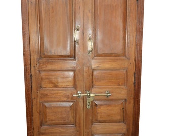 Antique Anglo Indian Cabinet Rustic Teak Wood Armoire Wardrobe Ample Storage Brass latch and handles spanish style