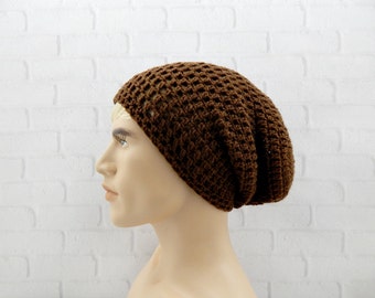 Mens Slouchy Beanie, Mens Winter Hat, BROWN Beanie Hat, Skater Hat, Baggy Beanie, Slouchy Mens Hat, Oversized Cap, Brown Crochet Hat