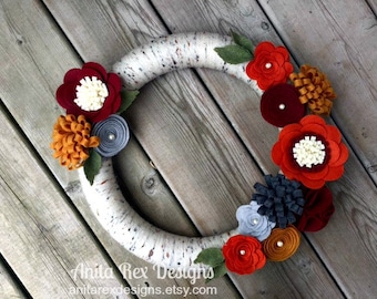 Fall Wreath, Yarn Wreath, Birch Wreath, Felt Flower Wreath, Autumn Wreath, Thanksgiving Wreath