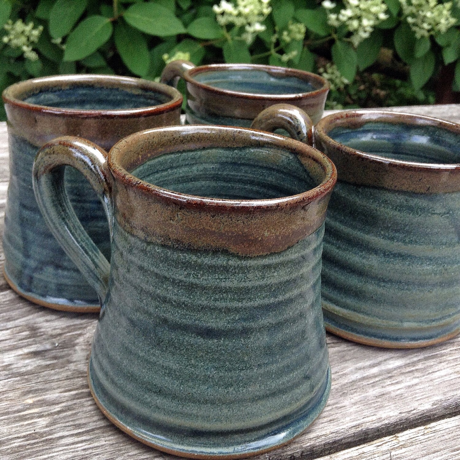 Set of rustic pottery mugs handmade blue coffee cups