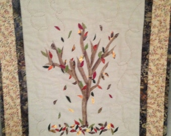 Hand Design Wall Hanging Beautiful Hand Quilted Fall Colors Tree with Falling Leaves