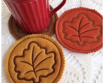 Machine Embroidery Fall Maple Leaf Coaster - Machine Embroidery Instant Download Design