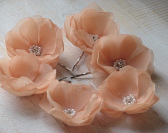 Set of 6 peach flowers Peach wedding flower Peach hair flowers Peach hair pin Peach wedding Hair flower Wedding hair flower Peach hair piece